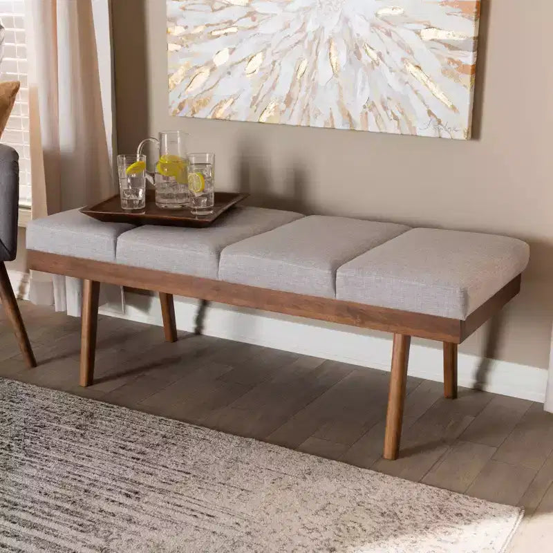 Gray / Grayish Beige Tufted Upholstered Wood Bench, Seats 2