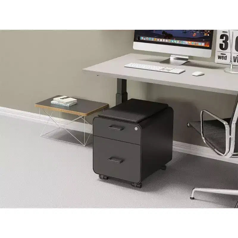 Black 2-Drawer File Cabinet with Seat Cushion, Lockable, for 1 User