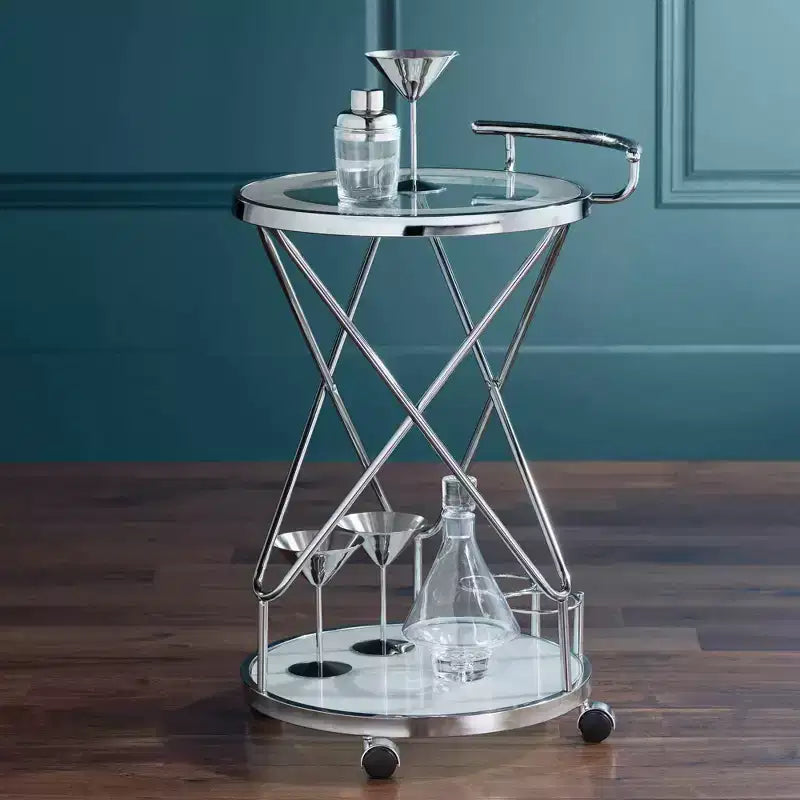 Clear & White Glass 2-Shelf Rolling Bar Cart, Chrome, 2-Person